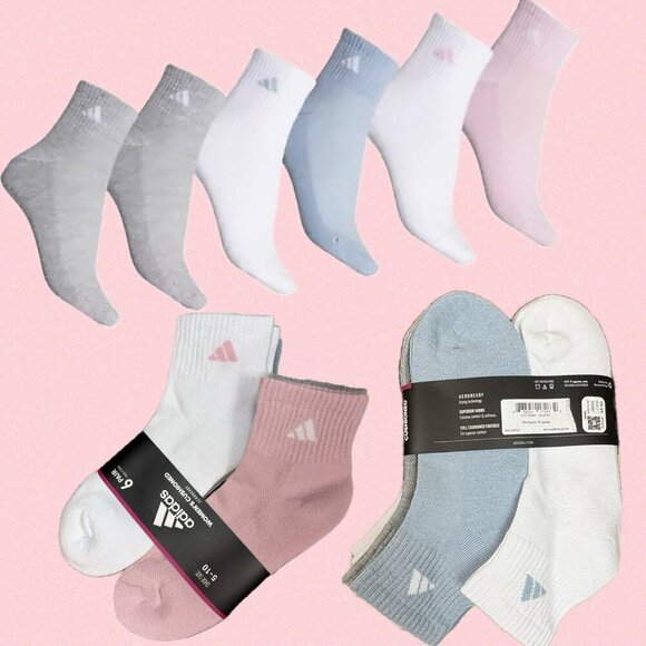 Adidas Aeroready Tech Logo Assorted Colors Ribbed Top Quarter Crew Socks-6 Pk - Picture 1 of 4